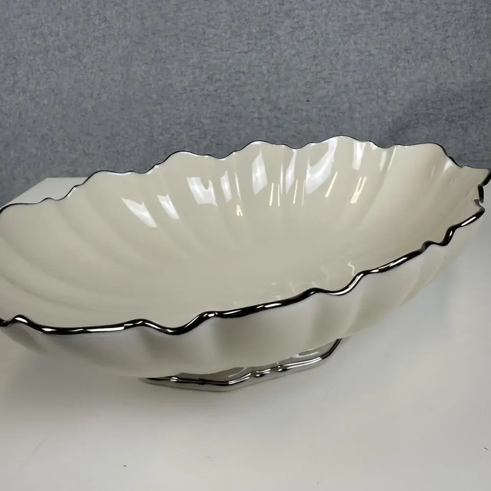 Vintage Lenox Made in USA White Oval Footed Bowl Black Trim